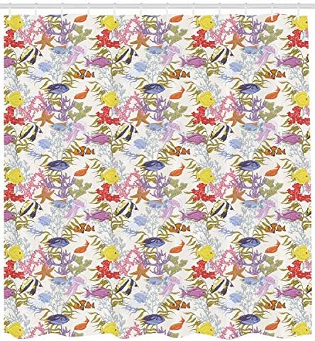 Underwater Shower Curtain, Ocean Elements with Various Kinds of Fishes Exotic Marine Design Tropical Summer, Fabric Bathroom Decor Set with Hooks, Multicolor,72 X 72 Inches,Multicolor