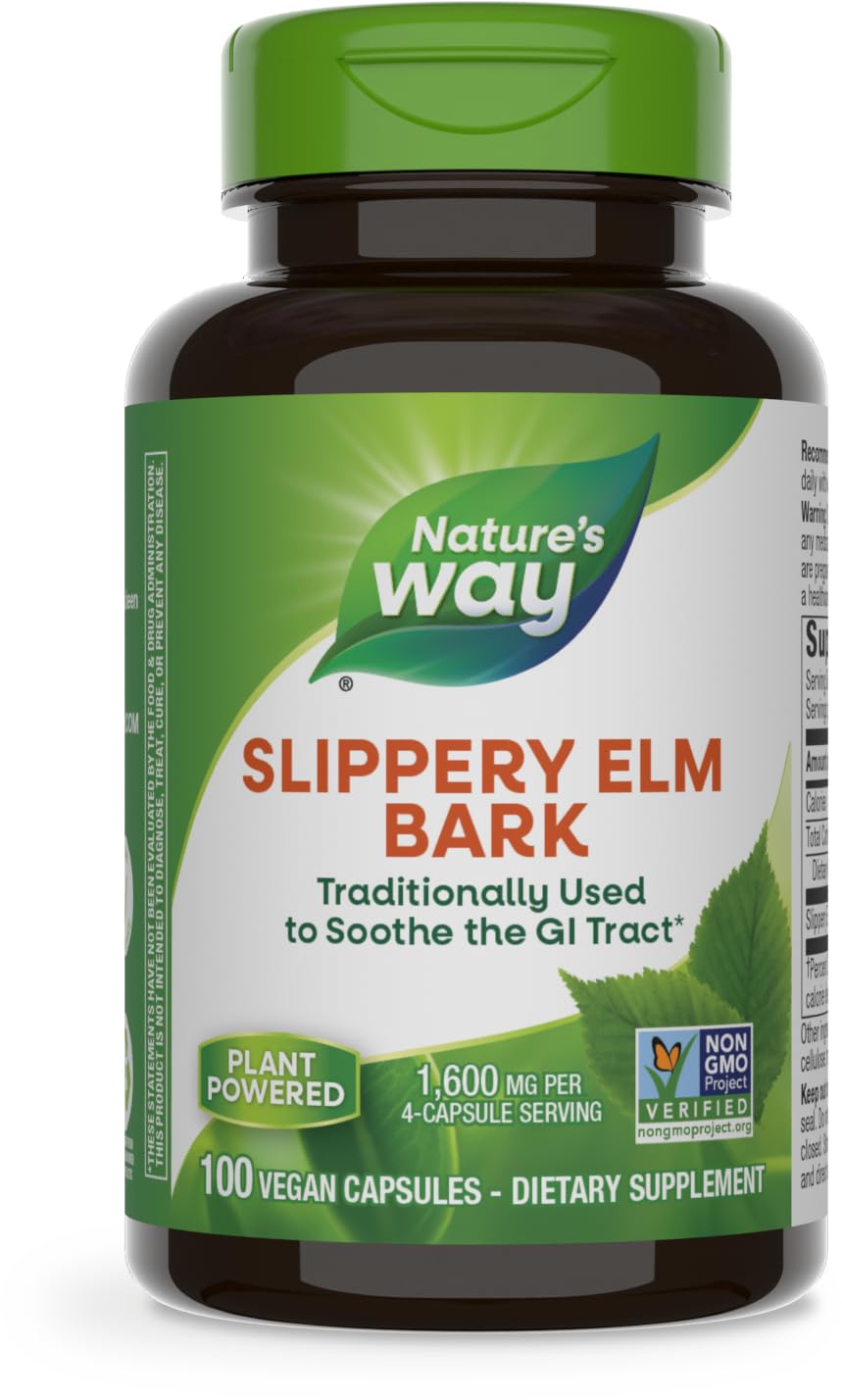 Nature's Way Slippery Elm Bark, Traditional Support to Soothe the GI Tract*, Vegan, Slippery Elm Capsules, 100 Capsules