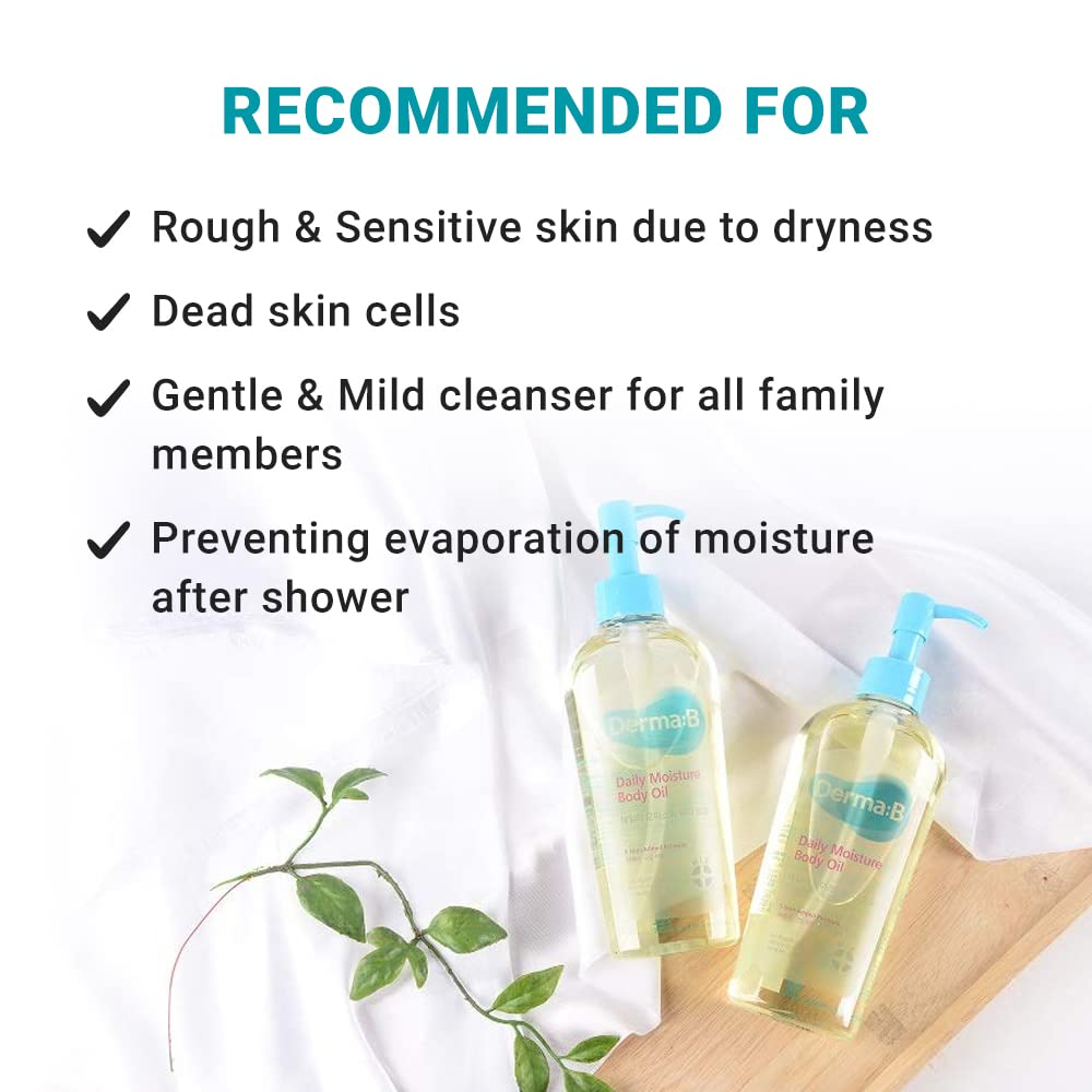 Derma B Daily Moisture Body Oil | 99% Natural Argan & Sweet Almond Oil | Shower Oil for Dry Sensitive Skin | Light & Long-Lasting Hydration | Skin Body Care Oil with Peach Scent | 6.78 fl oz (200ml)
