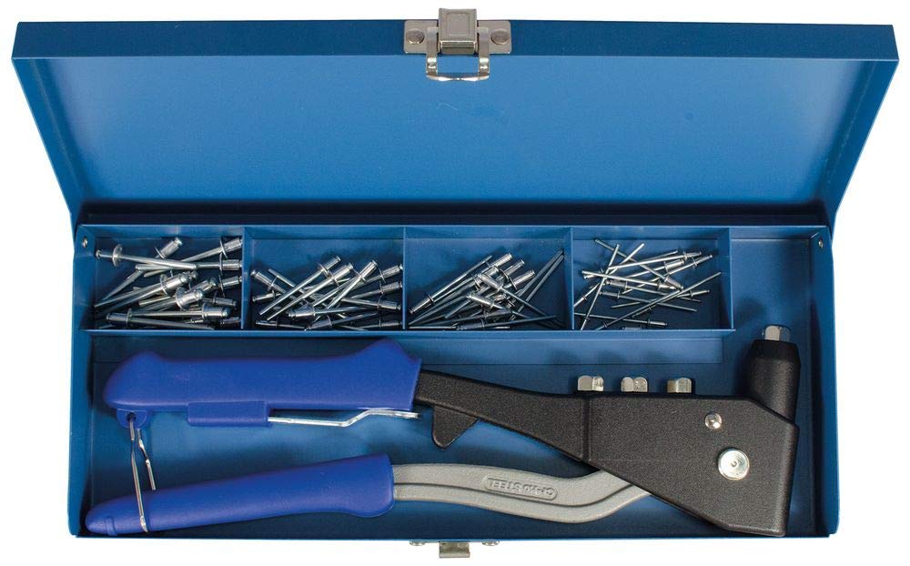 Projahn Professional 398061 Blind Riveter Set Suitable for All Blind Rivet Materials Diameter 2.4 / 3.2 / 4.0 / 4.8 mm Including Aluminium Blind Rivets Lever Arm Made of CrMo Steel Automatic Pin Ejection 61 Pieces