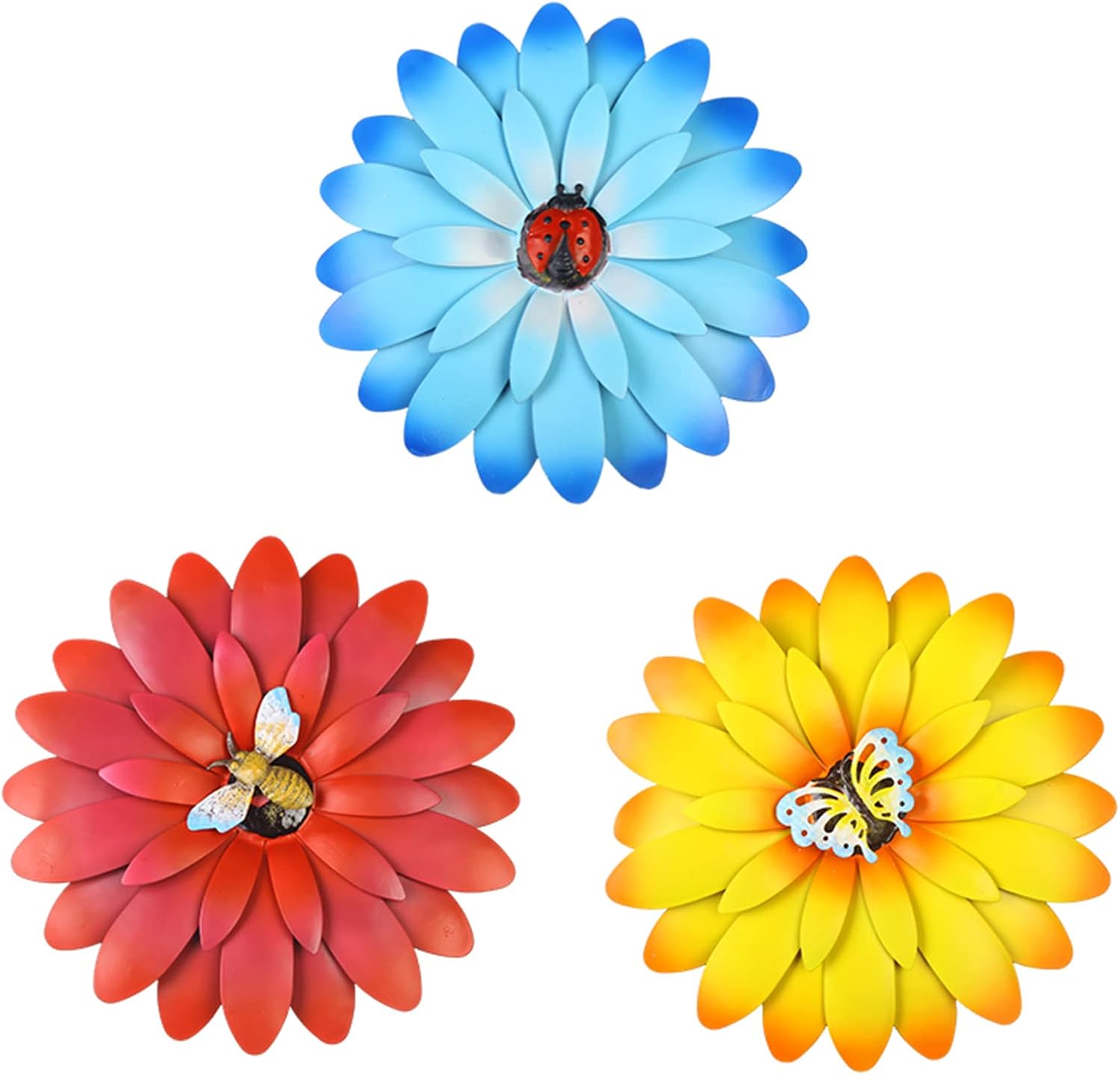 Plaques & Wall Art - Metal Flowers Outdoor Wall Art Decor, Upgrade Multiple Layer Metal Flower with Movable Mini Butterfly, Bees, Ladybugs for Garden Fence Patio Decor, Unique Iron Floral Art Wall Sculpture Hanging for Indoor, Outdoor