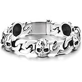 COOLSTEELANDBEYOND Men's Steel Skull Link Bracelet, Heavy Curb Chain Punk Style, Bold Gothic Jewelry, Biker Rock Look