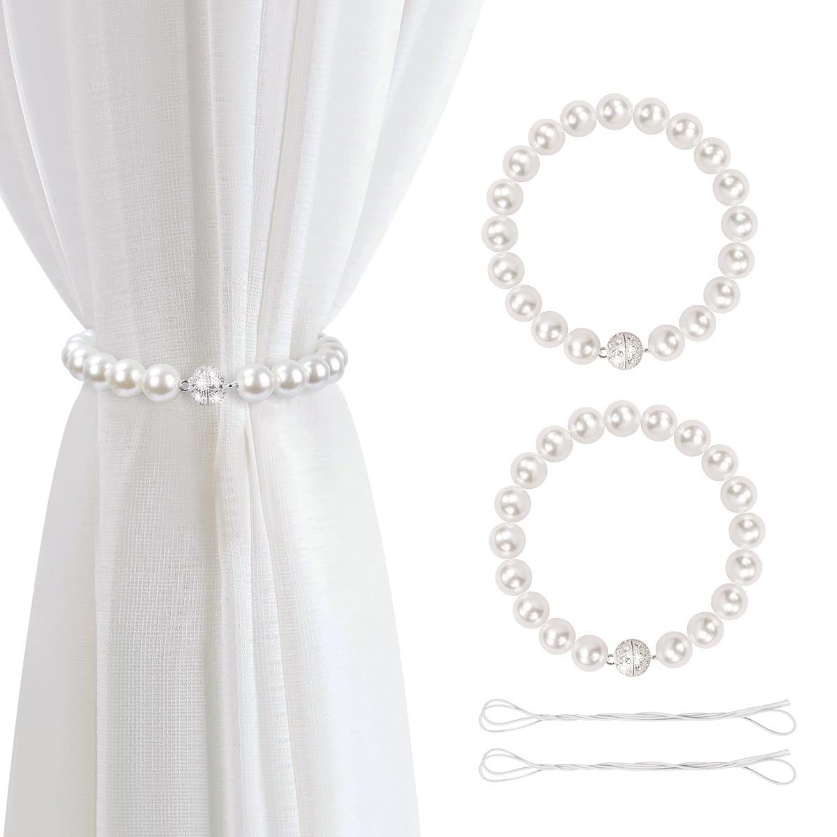 AULEEP Magnetic Curtain TieBacks, 2 Pack Pearl Curtain Tie Backs, Modern Decorative Curtain Holdbacks Holder with Elastic Cord Drapes Clips Buckle for Thin or Thick Curtains((White)