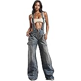 Tbahhir Women's Denim Overalls Jumpsuit Sleeveless Adjustable Strap Loose Baggy Wide Leg Cargo Jean Pants Rompers Trendy