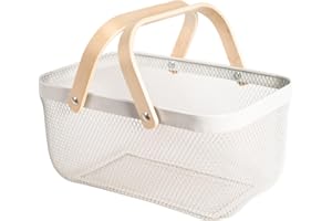 SANHSEHOME Metal Mesh Steel Basket Garden Harvest Basket for Gathering Vegetables Rectangle Wire Basket with Handle Storage Organizer Multi-functional Fruit Basket for Kitchen Garden Picnic(White)