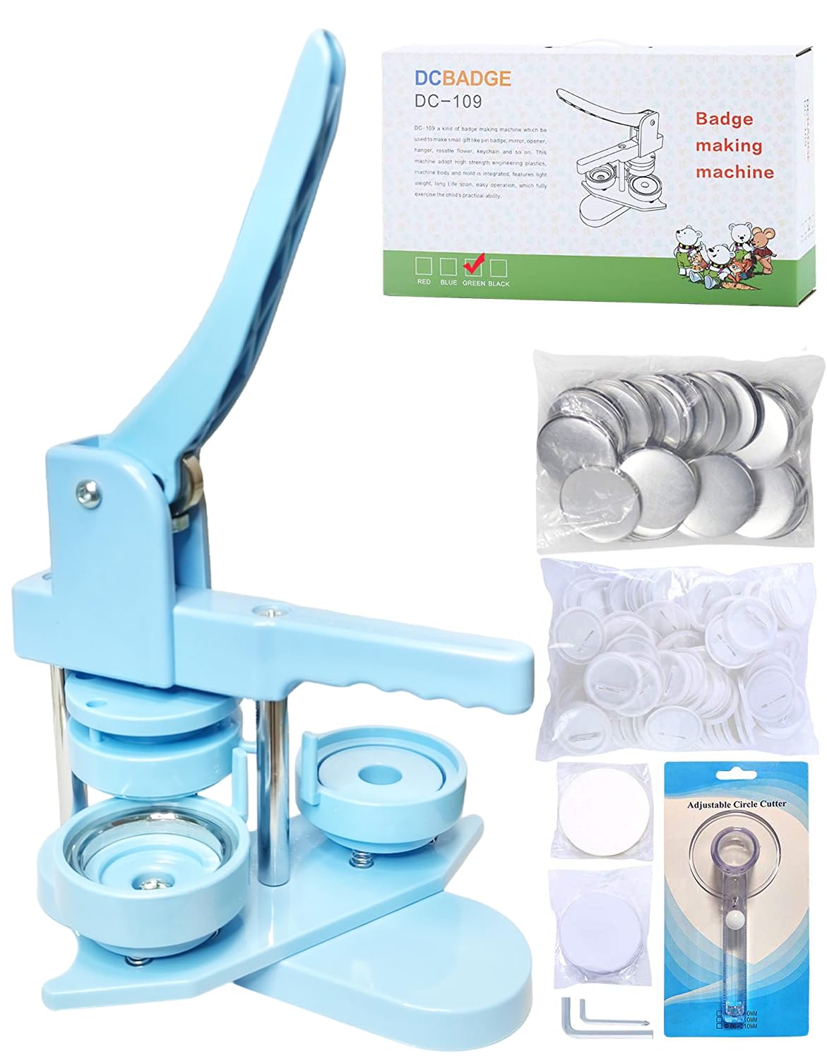 Photo 1 of DCBADGE Button Maker Machine, Button Pin Maker (3rd Gen) Installation-Free DIY, Button Press Machine Kit with Free Button Parts&Circle Cutter&Wrench Gadget (Light Blue, 58mm?2.25in?)