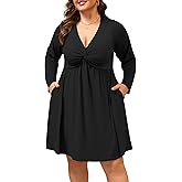 Manllenshie Womens Plus Size Dress Casual Cocktail Party Deep V Neck Twist Knot Front Flowy Midi Dresses with 2 Pockets Roll up 3/4 Sleeve (Black,3XL)