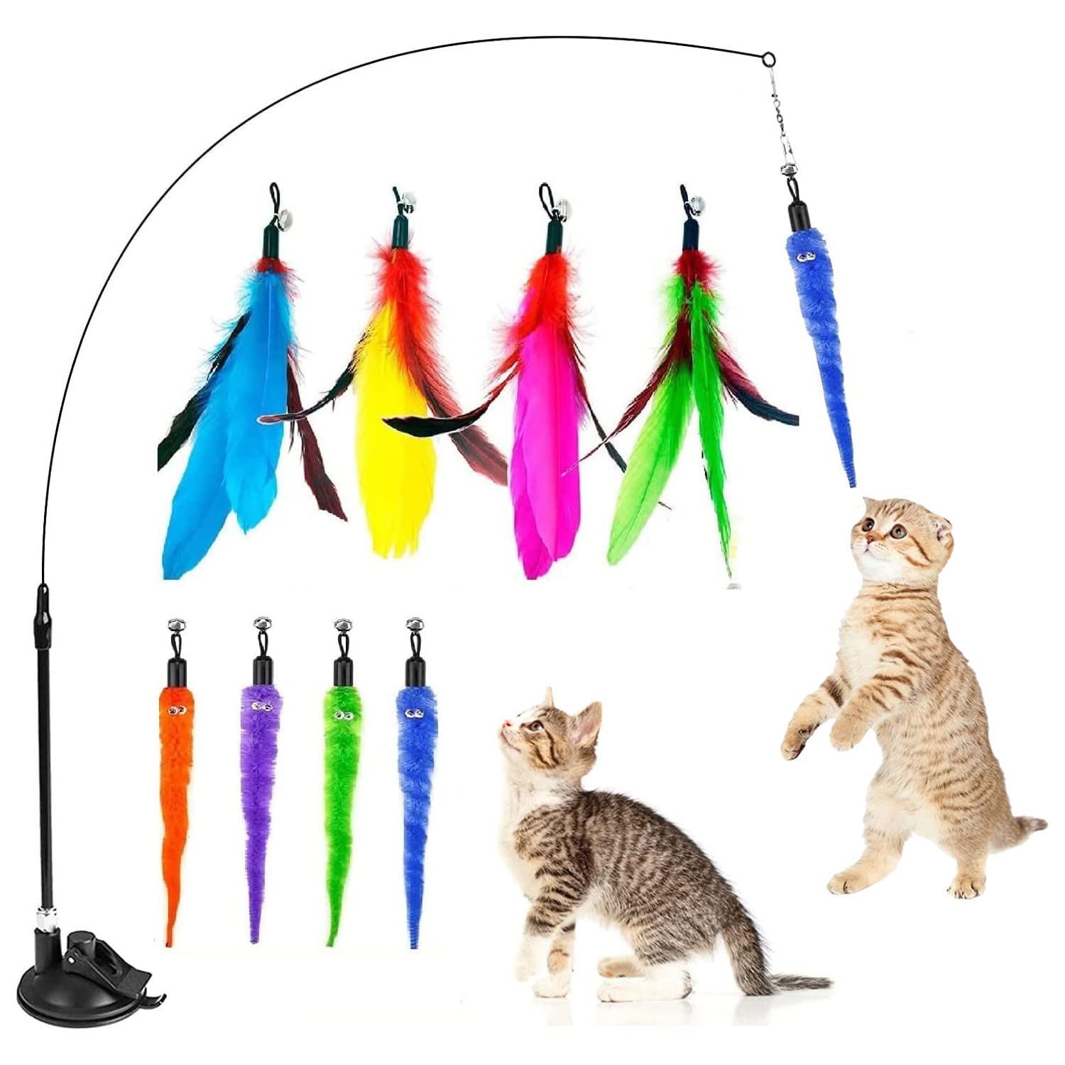 SDZHDMO 8Pcs Cat Toys for Indoor Cats Adult,Interactive Cat Toys Cat Teaser Wand with Suction Cup Detachable Feather Replacements Wand Cat Feather Toys for Indoor Cats Kitten Toys