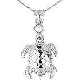 Sea Life Collection 925 Sterling Silver Detailed Turtle Shell Charm Pendant Necklace