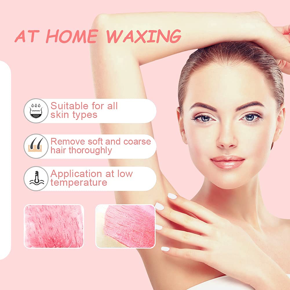 Painless Hard Wax Beans for Hair Removal, 10.5oz Upgraded Formula for Face, Eyebrow, Brazilian Bikini with 10 Applicators (3 Rose)
