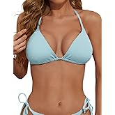 Zuvebamyo Women's Triangle Bikini Top Ribbed Push up Padded Halter String Bathing Suits Top