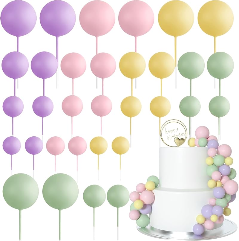 ASTARON 32 Pcs Ball Cake Topper Decorations Colorful Foam Balls Cake Picks