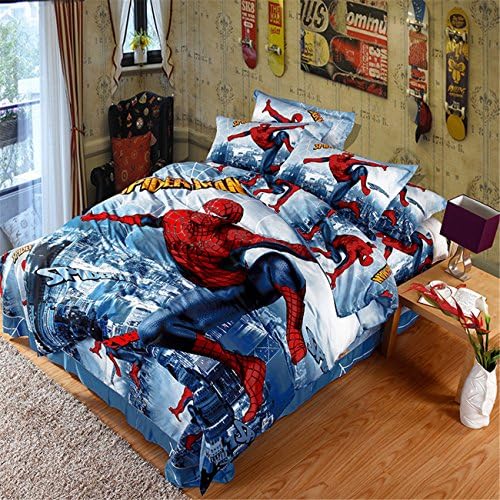 NOOS 3D Cartoon Batman Spider man Bedding Set 100%Cotton Kids Boys Bedding 4PC ,1Duvet Cover,1Flat Sheet,2Pillow Case King Queen/Full Twin Size