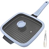 RANX INGST Nonstick Grill Pan for Stove Tops with Lid 10 inch - Blue | Square Griddle Pan with Detachable Handle for Indoor Cooking