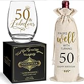 Vagafilla Fabulous Stemless Wine Glass & Linen Wine Gift Bag 15oz, Glitter Gold Design Happy Birthday Presents Wine Glass Gifts for Mom Dad Grandparents Woman Man Friends Aun (50th)