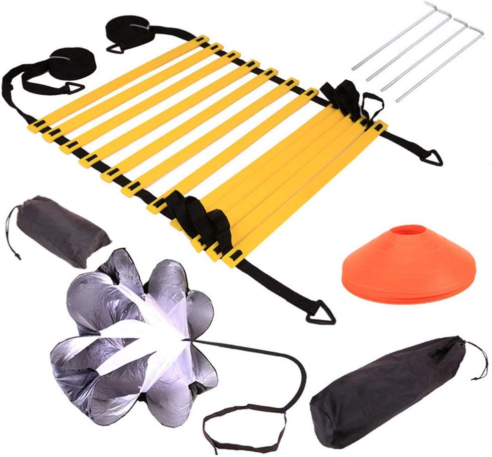 Dogggy Speed Agility Training Set, Includes 1 Resistance Parachute, 1 Agility Ladder, 4 Steel Stakes, 4 Disc Cones | Footwork Equipment for Soccer Football Boxing Drills