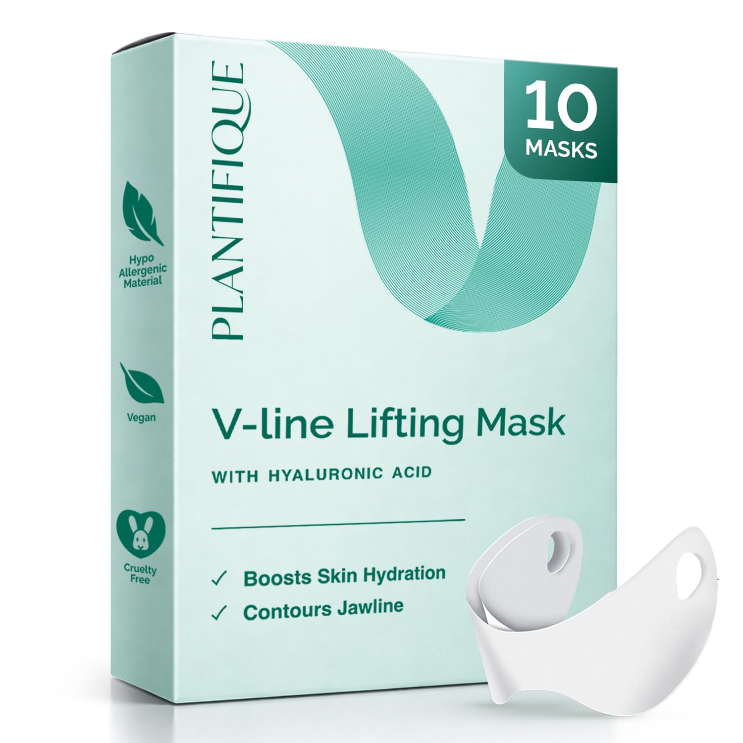PLANTIFIQUE V-Line Face Lifting Chin Mask, 10 Pack - Hydrogel Chin Strap with Hyaluronic Acid and Aloe Vera - Jawline Shaper & Neck Firming