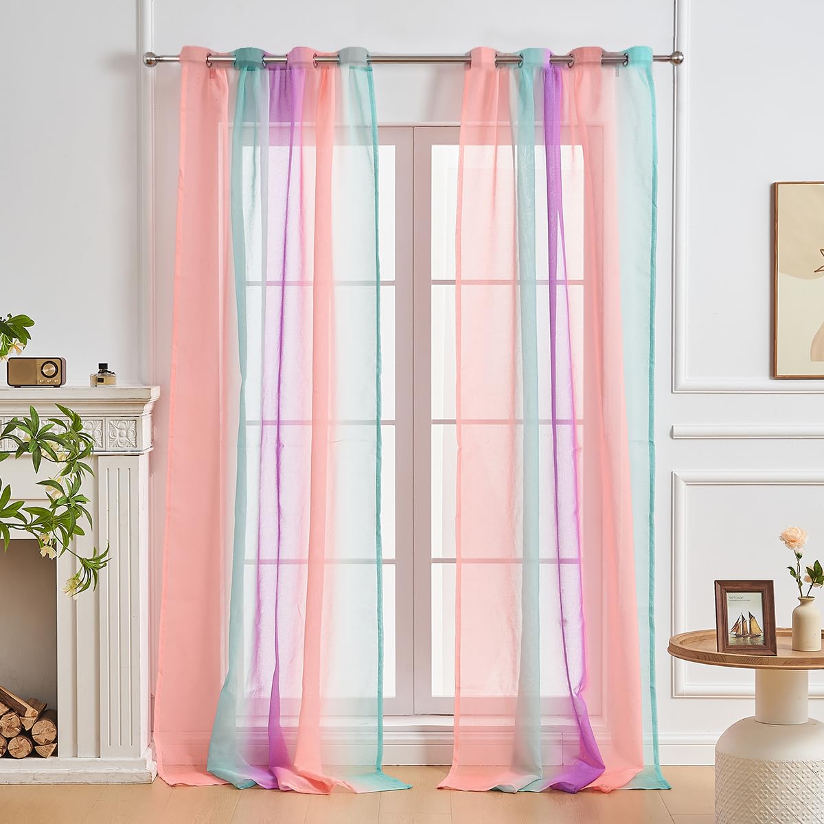 NETMEO 2 Panel Girls Room Decor Curtains, Living Room Sheer Curtains, Girls Bedroom Accessories, Unicorn Theme, Grommet Curtains(Pink Green Purple, W52×L84×2P)