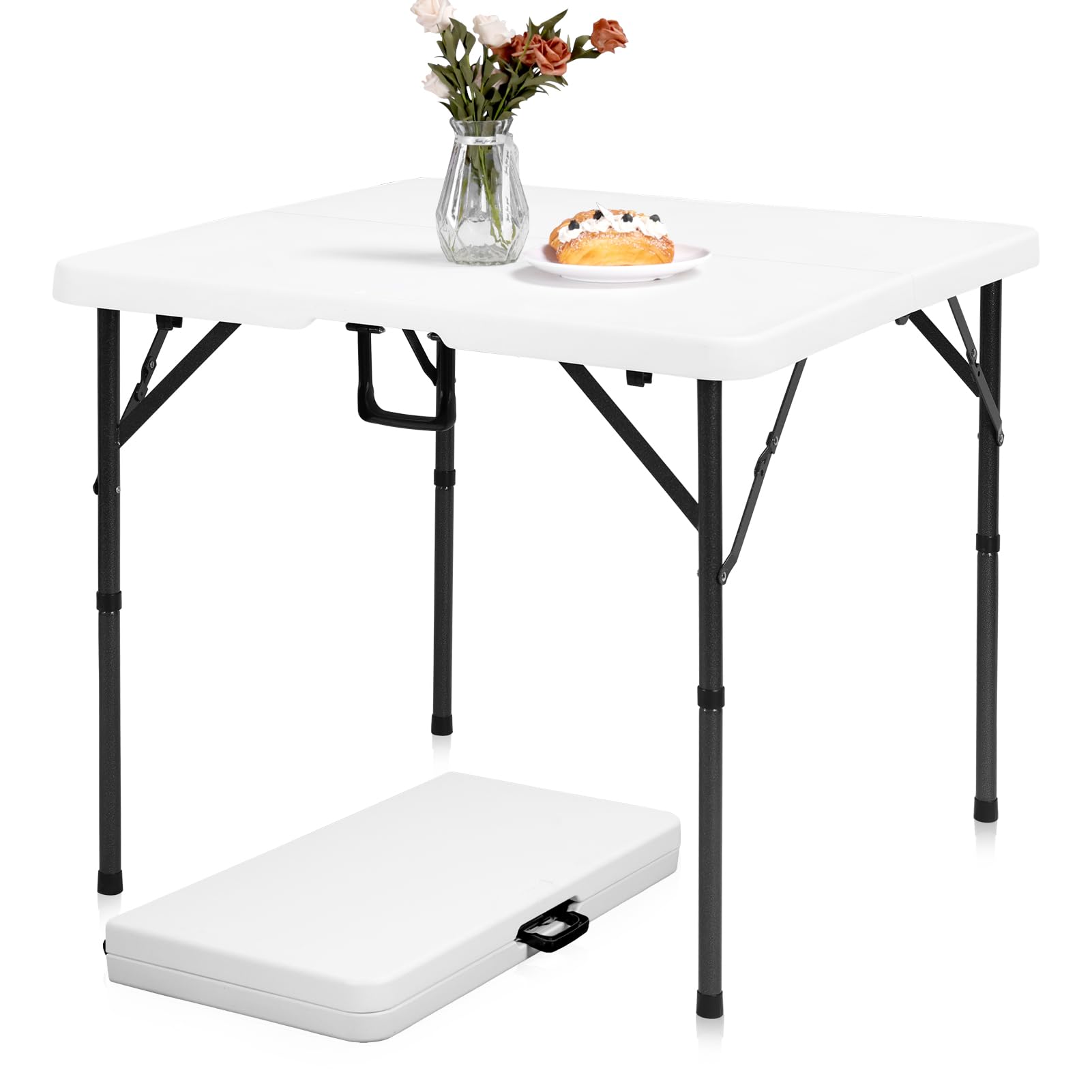 pollilar 34" folding card table square foldable table plastic portable with detachable legs, dual he