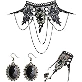 HUASAI Black Choker Necklace Bracelet Earrings Set Halloween Vampire Choker Necklace Steampunk Witch Vampire Costume Accessories Jewelry for Women