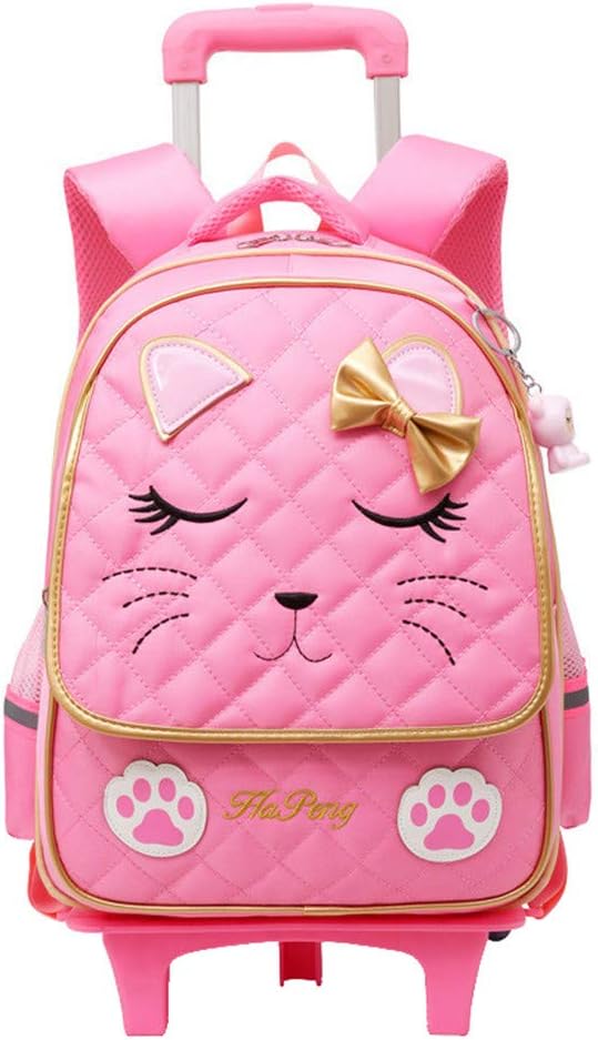 Cute Cartoon Cat Face Elementary Girls School Rolling Backpack Bowknot Primary Schoolbag with Wheels Trolly Bookbag Carry-on Luggage Bag