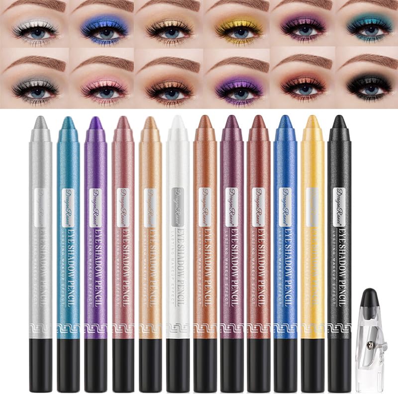 Eyeshadow Stick Set, MKNZOME 12Pcs Shimmer Cream Eyeshadow Pen High Pigmented Eye Shadow Stick Waterproof Long Lasting Eye Makeup Gift