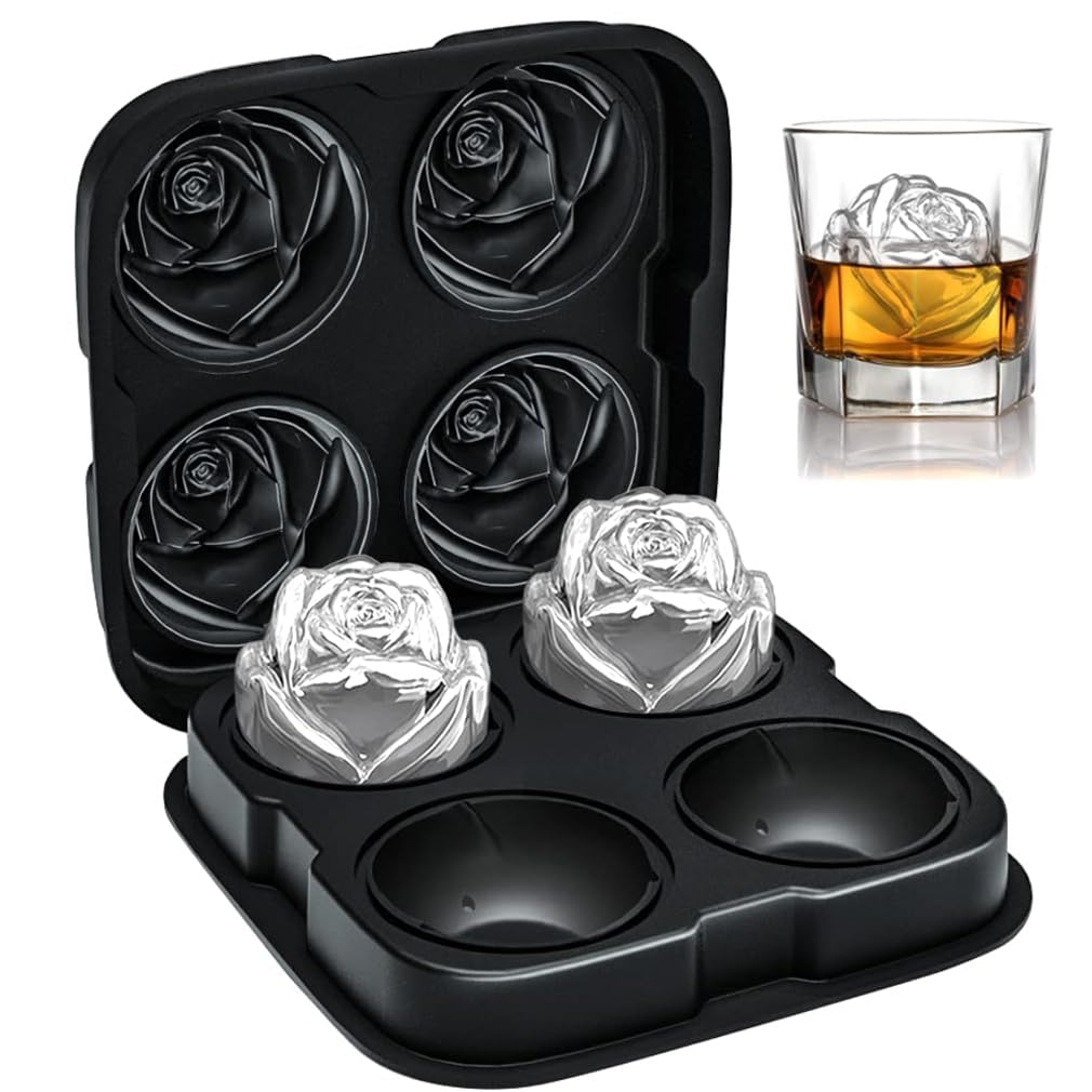 Ice Cube Molds Trays,4 Cavity Silicone Rose Ice Ball Maker Silicone Rose Flower Shape Ice Cube Moulds Ice Cube Tray with Lid for Whiskey Cocktails Reusable