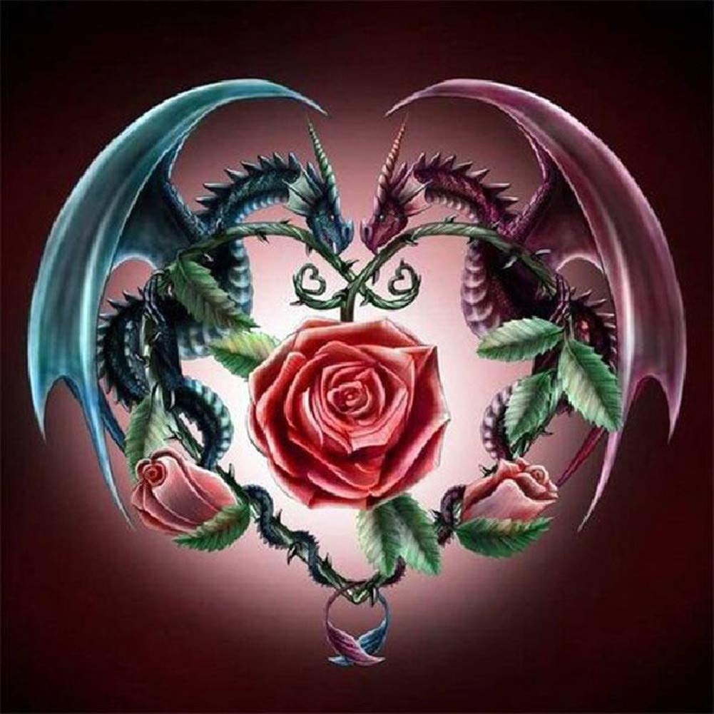 Awesocrafts Cross Stitch Stamped Kits Dragons with Rose Flowers Easy Patterns Cross Stitching Embroidery Needlework Kit Supplies (Dragon)