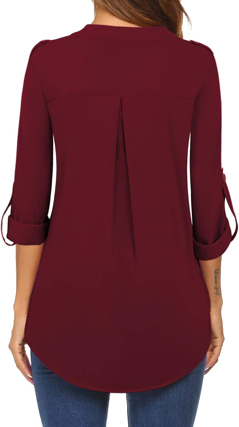 Bulotus Women Chiffon Blouses for Work 3/4 Sleeve V Neck Business Casual Tops: Clothing