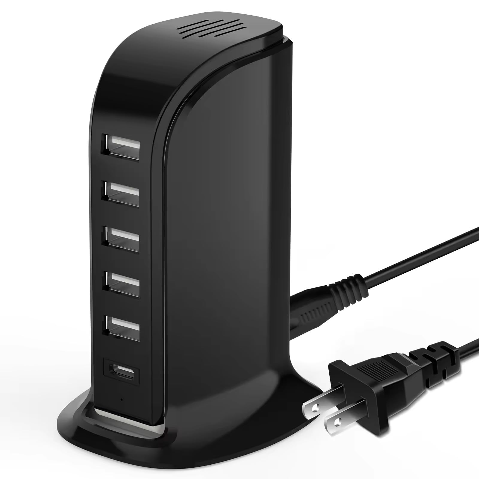 USB Charging Station for Multiple Devices, 5 USB Ports + 1 Type C Multiport Charger Tower, Compatible with Smartphones, Tablets and Other Devices (Black)