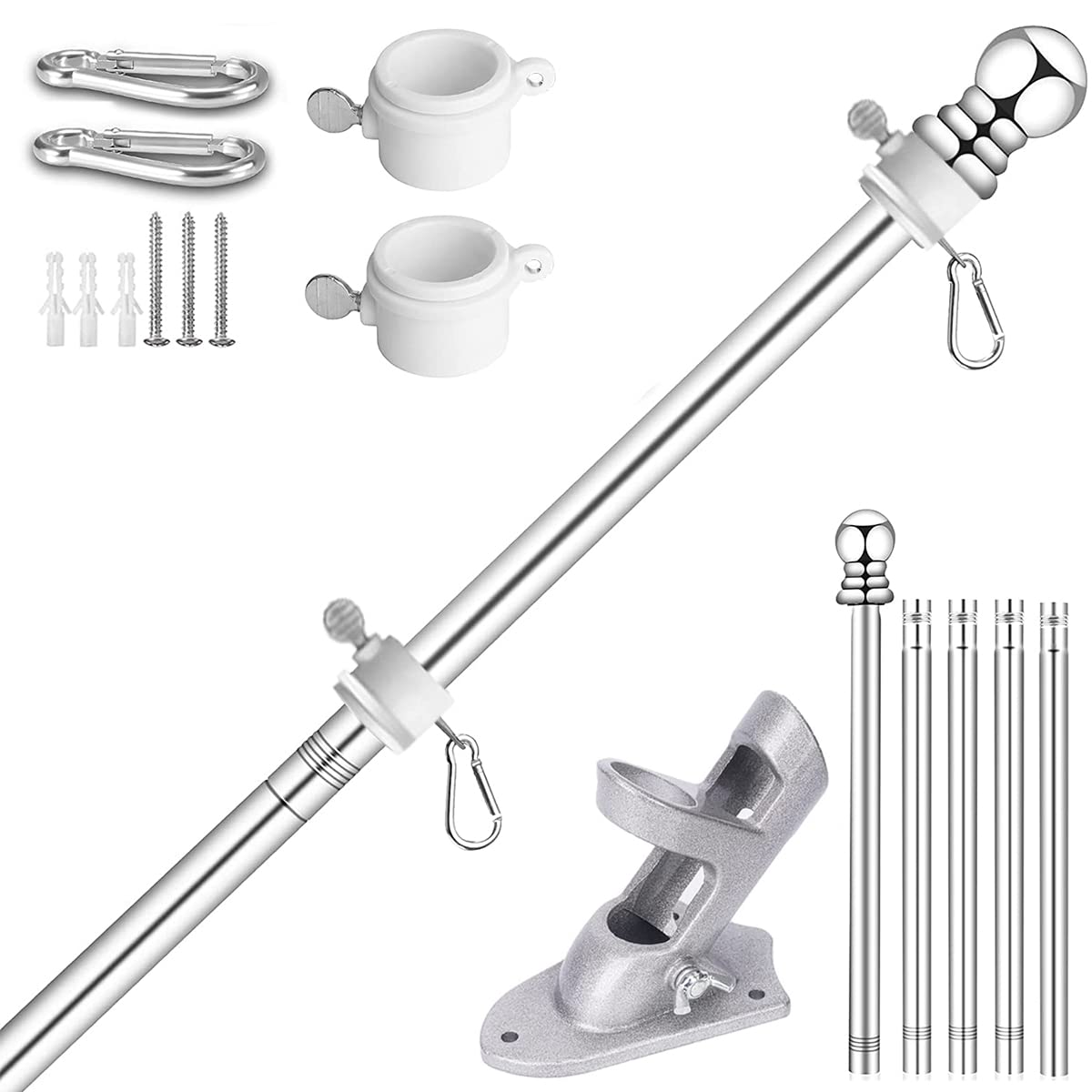 Verdenu 6 FT Wall Mounted Flag Pole, Adjustable Stainless Steel Flag Pole Kit with Holder, 360° Tangle Free Wall Mounted Flagpole for Outside House Garden Commercial (Silver)