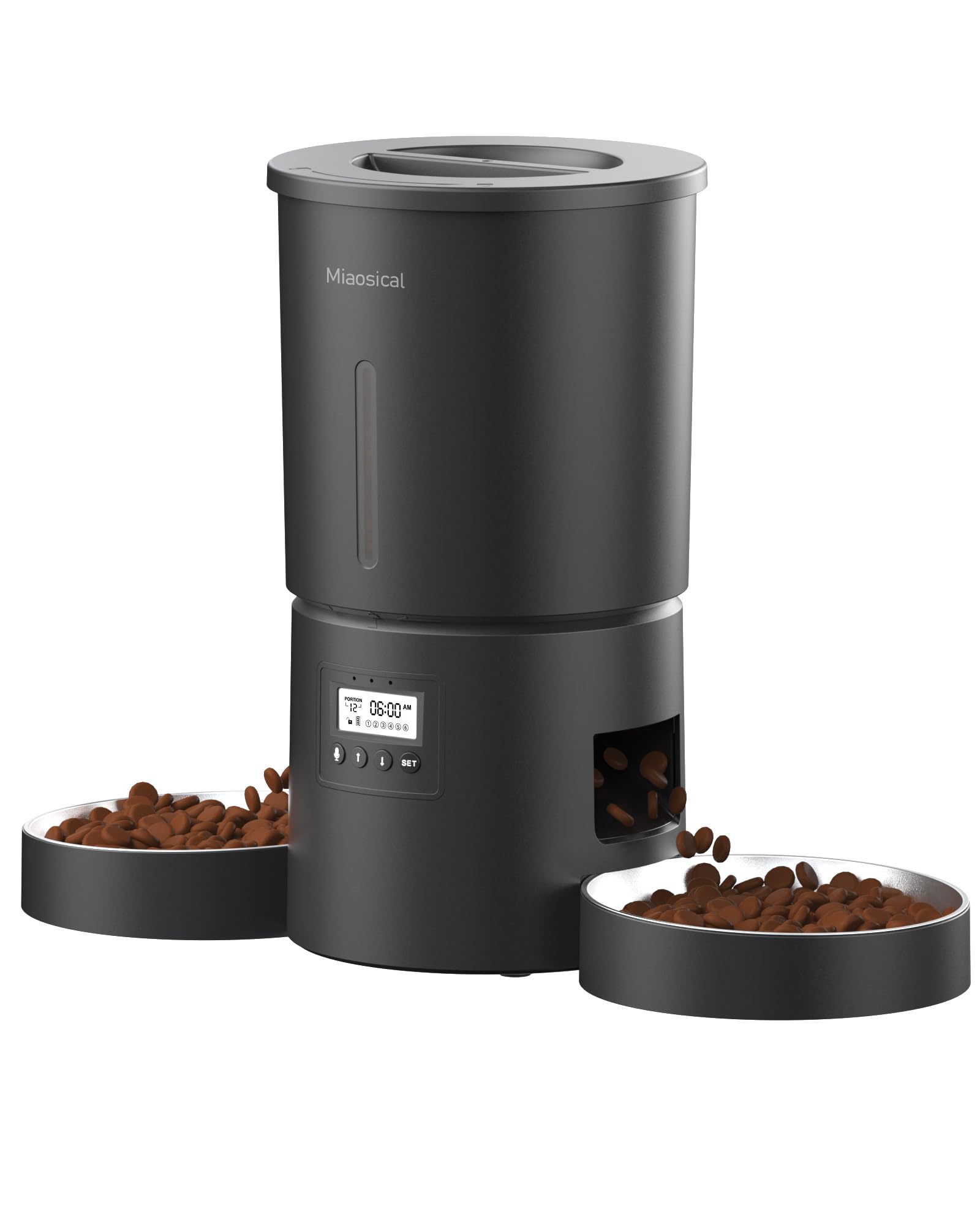 Photo 1 of Dual Automatic Cat Feeder 2 Cats,6 Meals/Day,12 Portions/Meal,4.2L Dual Power Double Bowls Feeder,Dry Food Auto Pet Dispenser,10S Voice Record,Flexible Schedule Timer (Black,Stainless Dual Bowls)