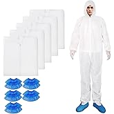ETERNA Hazmat Suits- 5 Pack Disposable Protective Coveralls with Hood, Zipper, Elastic Wrists, Shoe Covers for Men & Women, Shield from Dirt, Dust, Paint (White, Large)