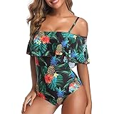 Women Flounce One Piece Swimsuits Off Shoulder Hollow Solid Ruffled Tummy Control Swimwear