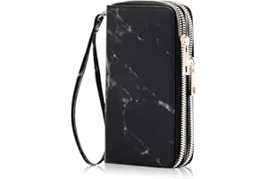 HAWEE Cellphone Wallet for Women Dual Zipper Long Purse with Removable Wristlet, Marble Black