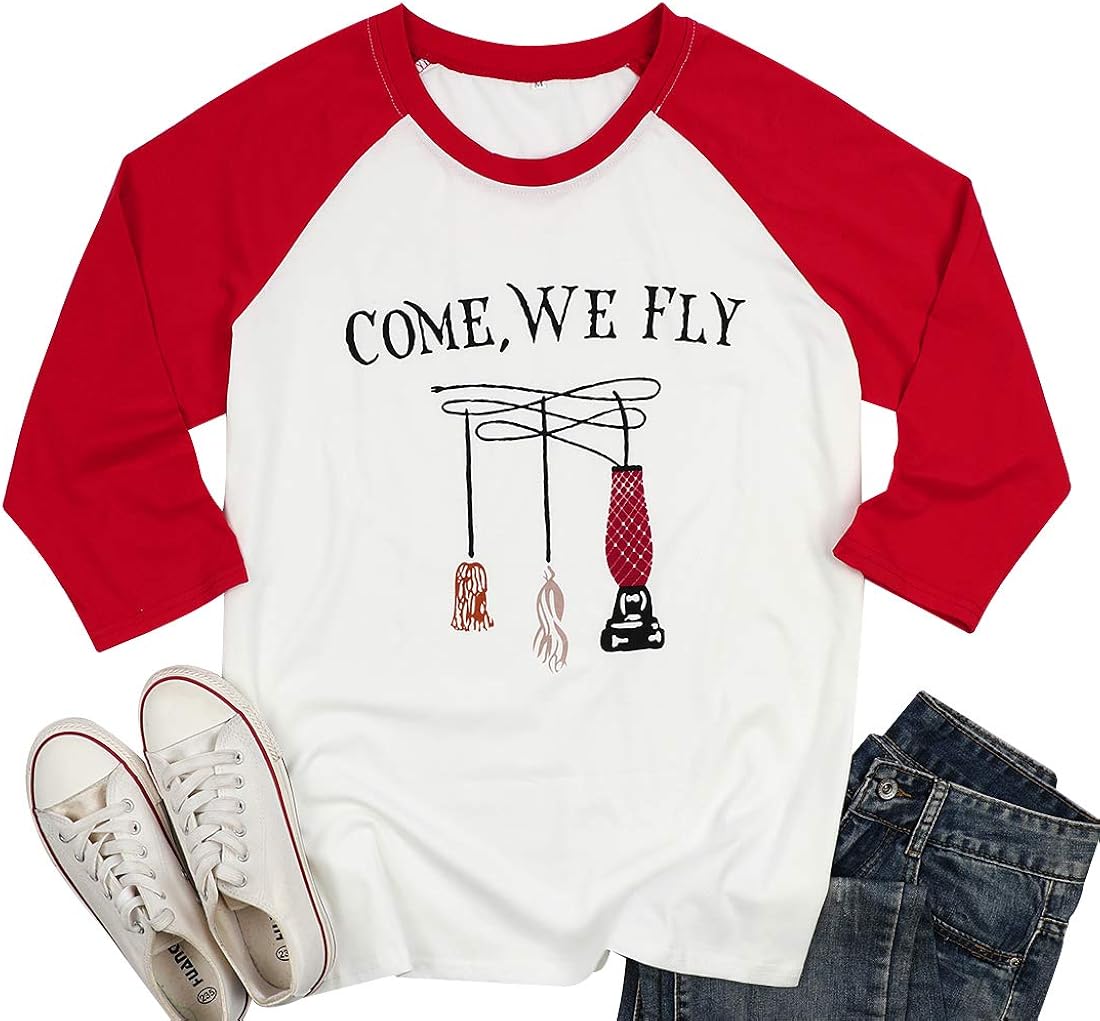 UNIQUEONE Come We Fly Halloween T-Shirt Women 3/4 Sleeve Baseball Shirts: Clothing