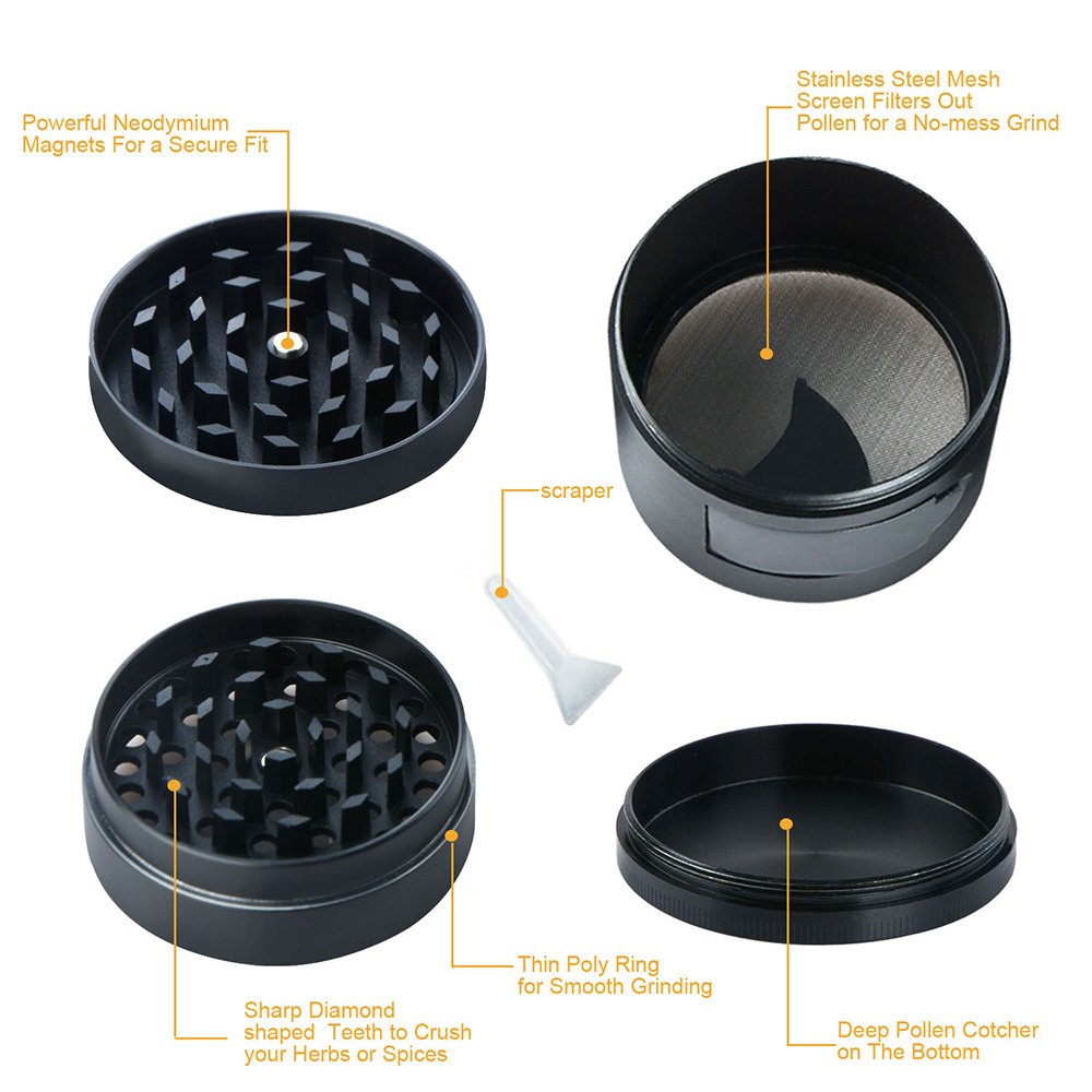 Herb / Spice Kitchen Grinder, Heavy Duty Zinc Alloy Material with Pollen Catcher and Scrapper, Easy Access Window