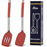 HOTEC Silicone Spatula Set of 2 Heat-Resistant 600°F & BPA-Free Kitchen SaptulaTurner with Stainless Steel Handles, Slotted & Solid Spatulas for Nonstick Cookware, 13.7 Inch, Red