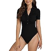 OPOIPIN Women's Rib Knit Collar Deep V Neck Ruched Buttons Short Sleeve Bodysuit Leotard Top