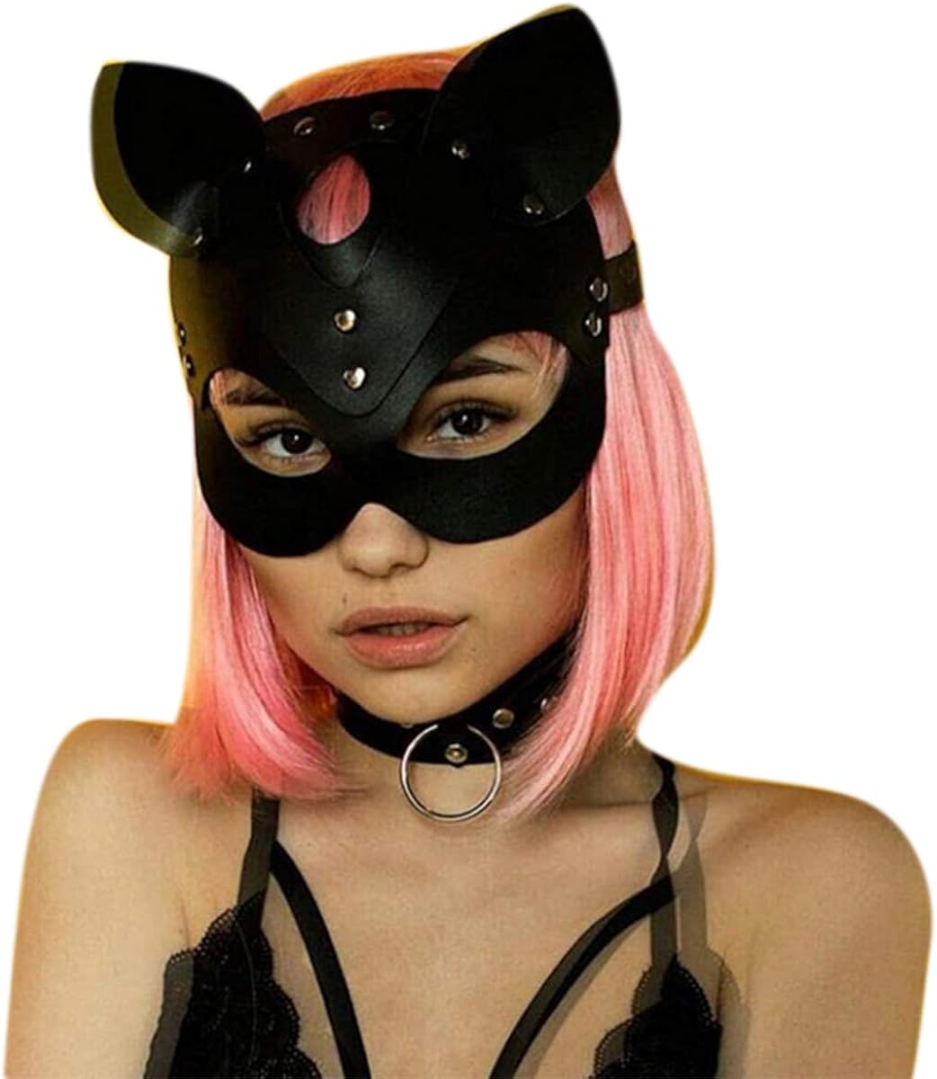 Women Soft Leather Cat Half Face Mask Sexy Bondage Eye Mask for Halloween Cosplay