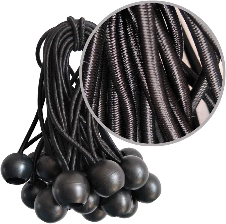 Ball Bungee Cords 50 Packs, 5 Inch Black Tie Down Cords for Tarp, Canopy Shelter, Wall Pipe, UV Resistant - - 