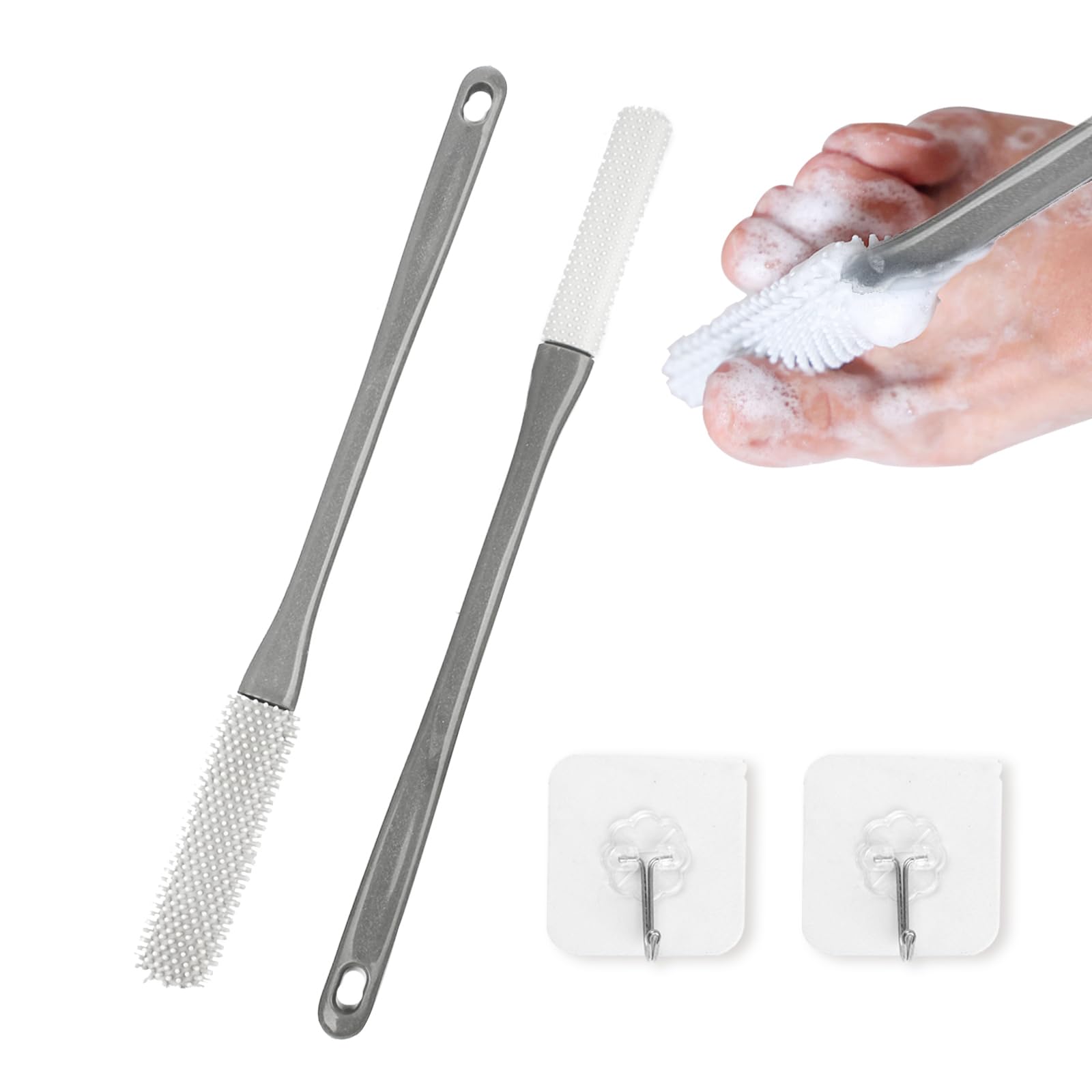 2Pcs Toe Cleaning Brush, Long Reach Foot Cleaning Brush, Long Handle Silicone Toe Gap Scrubber, Shower Toe Lotion Applicator with 2 Hooks for Elderly Senior Men Women (Grey)