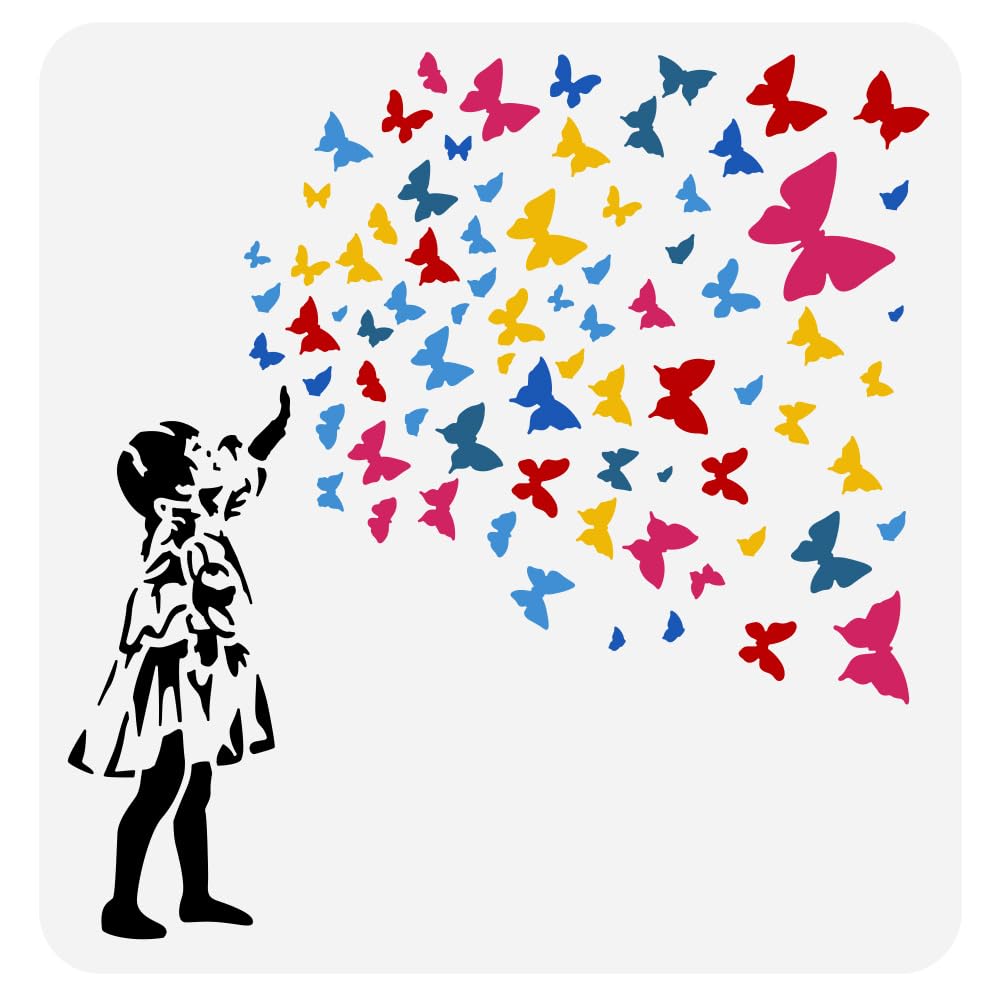 FINGERINSPIRE Girl with Butterfly Stencil 30x30cm Plastic PET Woman Painting Stencil Banksy Theme Template for Wall Decor