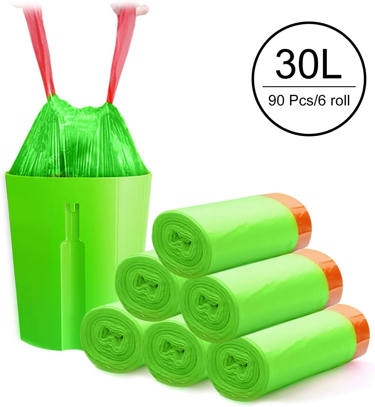 HCLKSTORE Bin Bags, 30L Strong Durable Handy Garbage Bags, Trash Bags, Bin Liners for Office, Kitchen, Living room, Bedroom, Bathroom, etc. 6 Rolls/90 Counts, Size:19.7'' x 21.7'' Green
