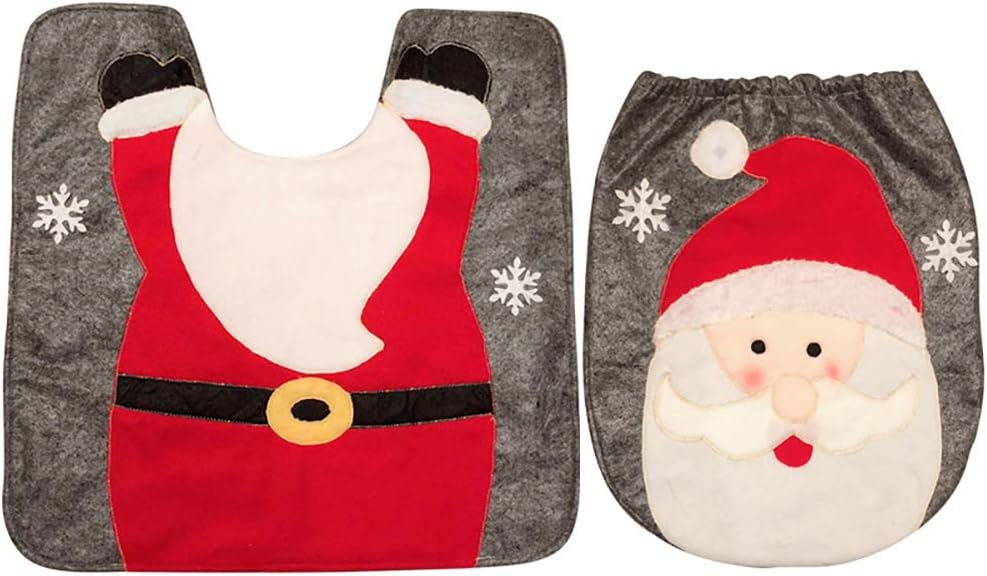 2 Pcs/Set Christmas Holiday Bathroom Santa Claus Toilet Seat Cover and Rug for Home Decorations