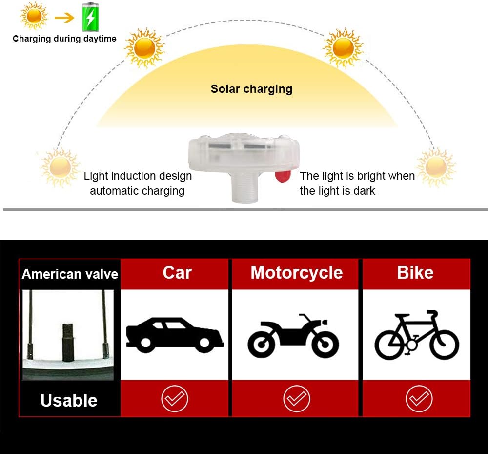 Car Tire Wheel Lights 4PCS Solar Car Wheel Tire Air Valve with Motion Sensors Flashing Hub Lamp Cap Light Colorful LED Gas Nozzle for Car Bicycle Motorcycle: Automotive