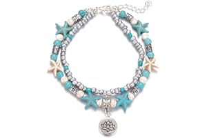 Softones Blue Starfish Turtle Anklet Multilayer Charm Beads Sea Handmade Boho Anklet Foot Jewelry for Women Girl