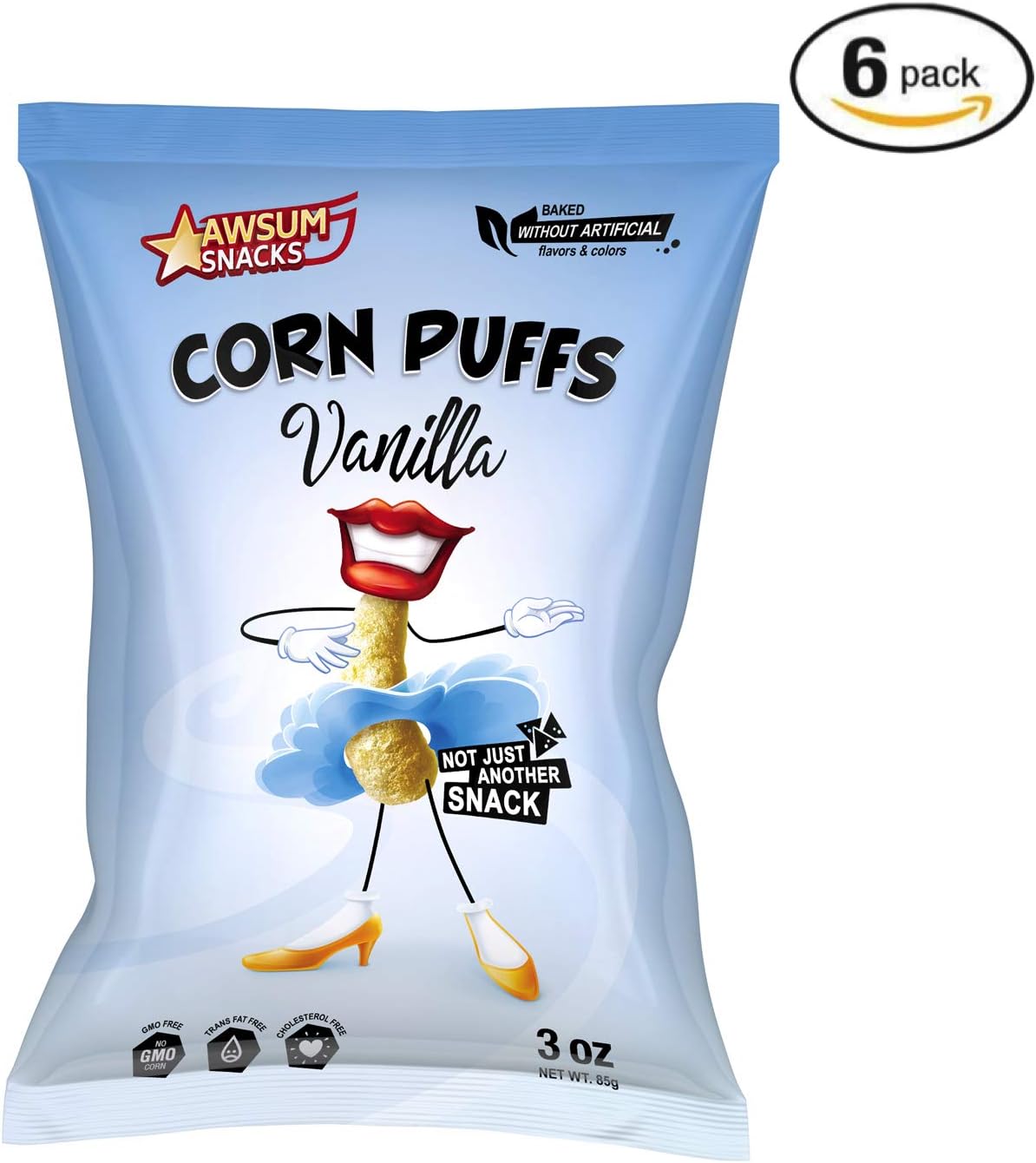 Awsum Snacks Delicious Vanilla Corn Puffs 3 oz bag (Pack of 6 bags) Vegan Cholesterol Free Crunchy Healthy Simple Dessert Crispy Snack Party Size Kosher