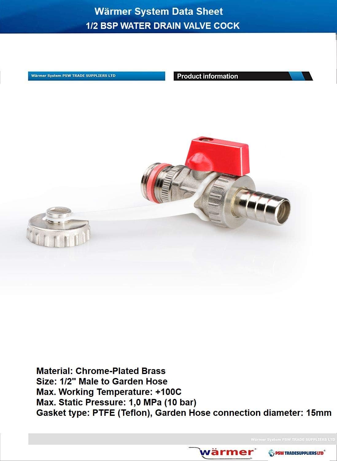 Wärmer System Drain Valve Cock, 1/2 Inch BSP Connection with Garden Hose Plug, Chrome Plated Brass - Image 3