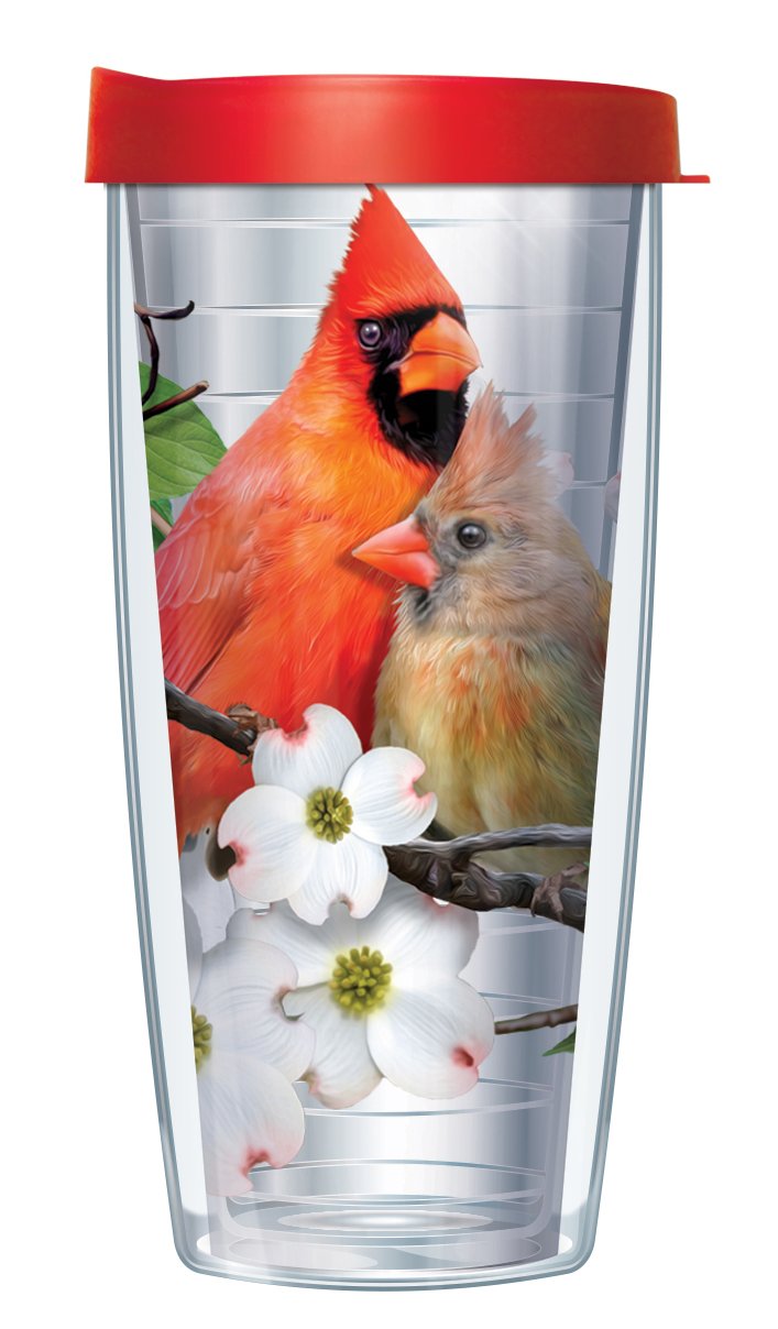 Signature Tumblers Cardinal Birds on Dogwood Branch Wrap on Clear 16 Ounce Double-Walled Travel Tumbler Mug with Cherry Red Easy Sip Lid